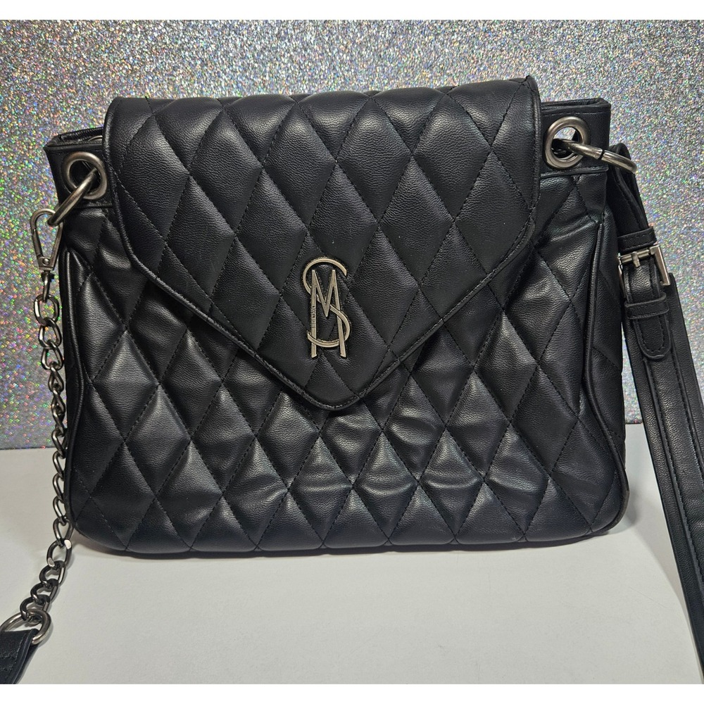 STEVE MADDEN Black Quilted Crossbody Bag Silver SM Logo Flap Closure Messenger